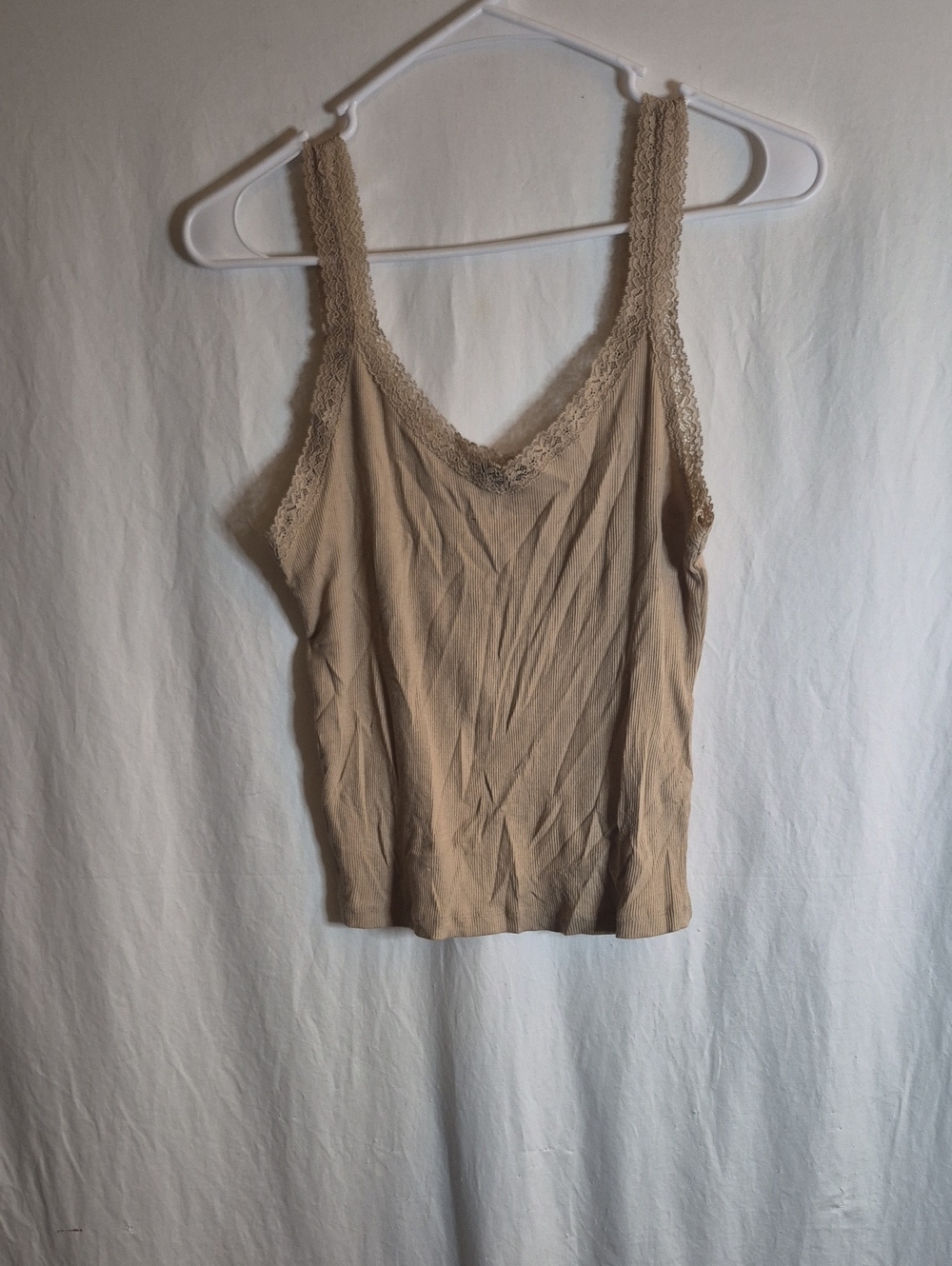 Ambiance Beige Ribbed Lace-Trim Tank Top